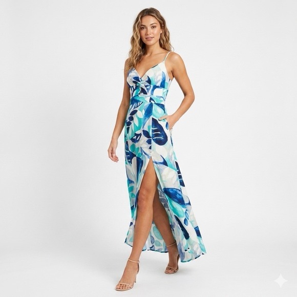 111 State Dresses & Skirts - 1 State Maxi Dress Womens Size Large Blue Floral Linen Blend Open Back High Slit